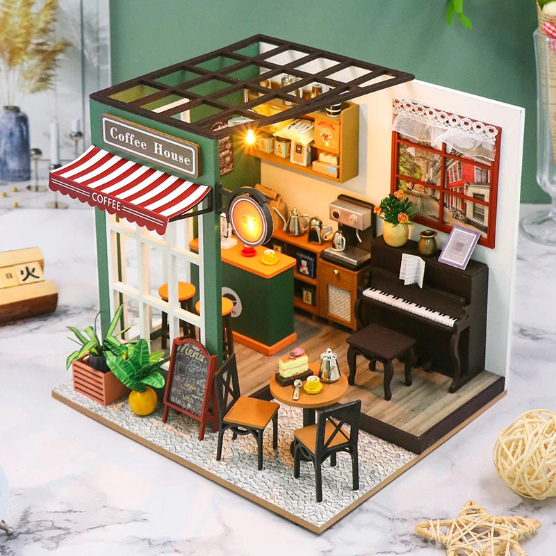 NEW DIY Wooden Doll Houses Afternoon Cafe Casa Miniature Model Kits Coffee Dollhouse with Furniture 3D Puzzle for Friends Gifts