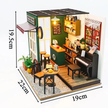 NEW DIY Wooden Doll Houses Afternoon Cafe Casa Miniature Model Kits Coffee Dollhouse with Furniture 3D Puzzle for Friends Gifts