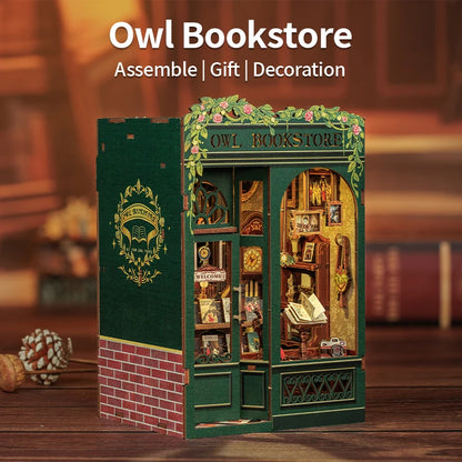 DIY Book Nook Kit Miniature Wooden Dollhouse with Lights Bookshelf Insert 3D Puzzle Decor Model for Gifts Owl Bookstore