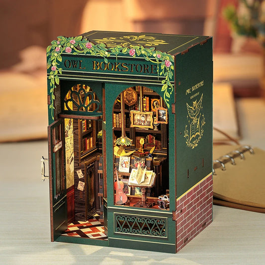 DIY Book Nook Kit Miniature Wooden Dollhouse with Lights Bookshelf Insert 3D Puzzle Decor Model for Gifts Owl Bookstore