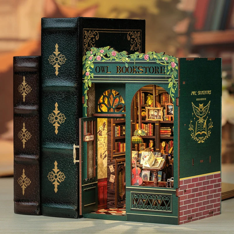 DIY Book Nook Kit Miniature Wooden Dollhouse with Lights Bookshelf Insert 3D Puzzle Decor Model for Gifts Owl Bookstore