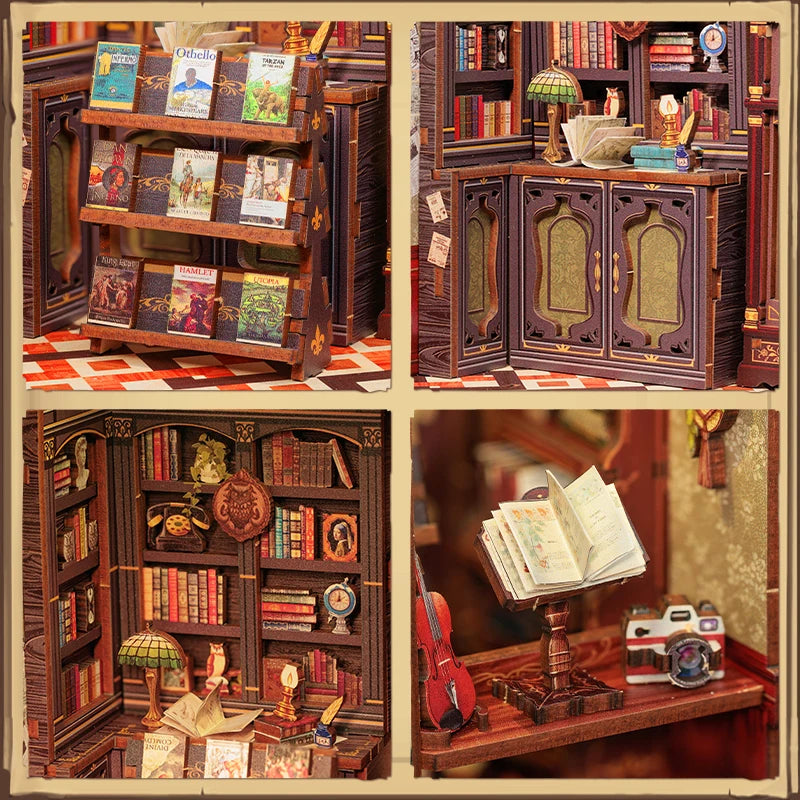 DIY Book Nook Kit Miniature Wooden Dollhouse with Lights Bookshelf Insert 3D Puzzle Decor Model for Gifts Owl Bookstore