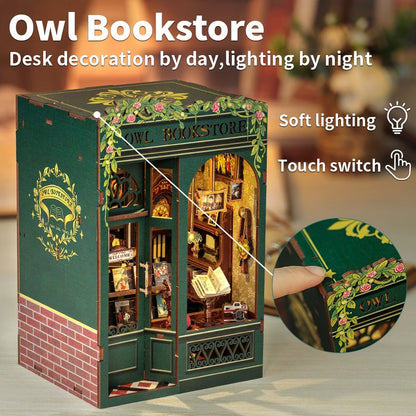 DIY Book Nook Kit Miniature Wooden Dollhouse with Lights Bookshelf Insert 3D Puzzle Decor Model for Gifts Owl Bookstore