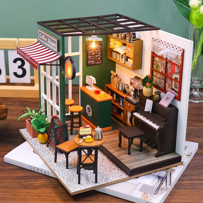 NEW DIY Wooden Doll Houses Afternoon Cafe Casa Miniature Model Kits Coffee Dollhouse with Furniture 3D Puzzle for Friends Gifts