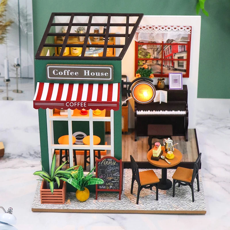 NEW DIY Wooden Doll Houses Afternoon Cafe Casa Miniature Model Kits Coffee Dollhouse with Furniture 3D Puzzle for Friends Gifts