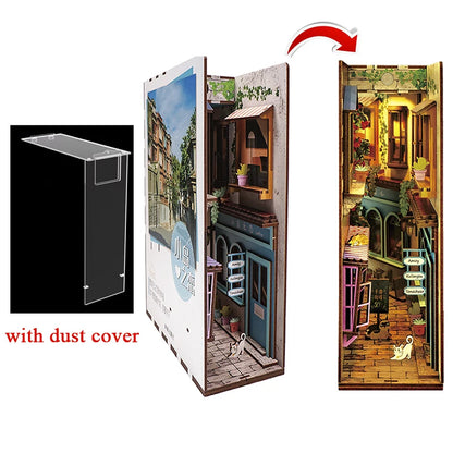 DIY Wooden Book Nook Shelf Insert Kits with Cover Miniature City Street View Bookends Toys Bookshelf Gifts Home Decoration