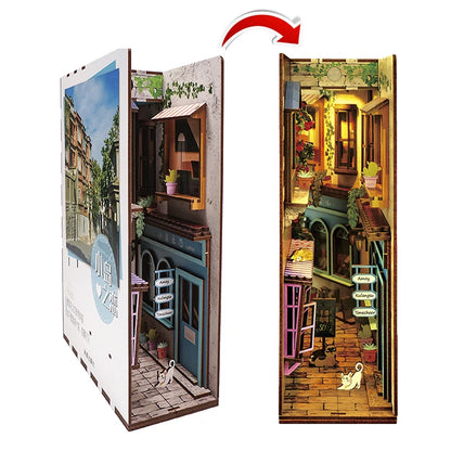 DIY Wooden Book Nook Shelf Insert Kits with Cover Miniature City Street View Bookends Toys Bookshelf Gifts Home Decoration