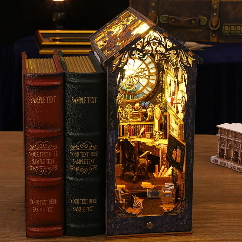 DIY Wooden Detective Agency Book Nook Shelf Insert Miniature Building Kits Bookshelf Magic House Bookends Handmade Crafts Gifts