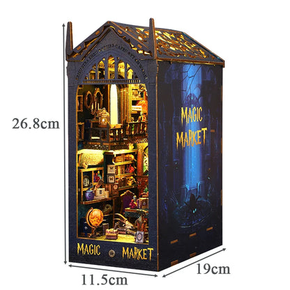 DIY Wooden Book Nook Shelf Insert Kits Magic Market Doll Houses with Light 3D Puzzle Bookshelf Assembly Bookend for Adults Gifts